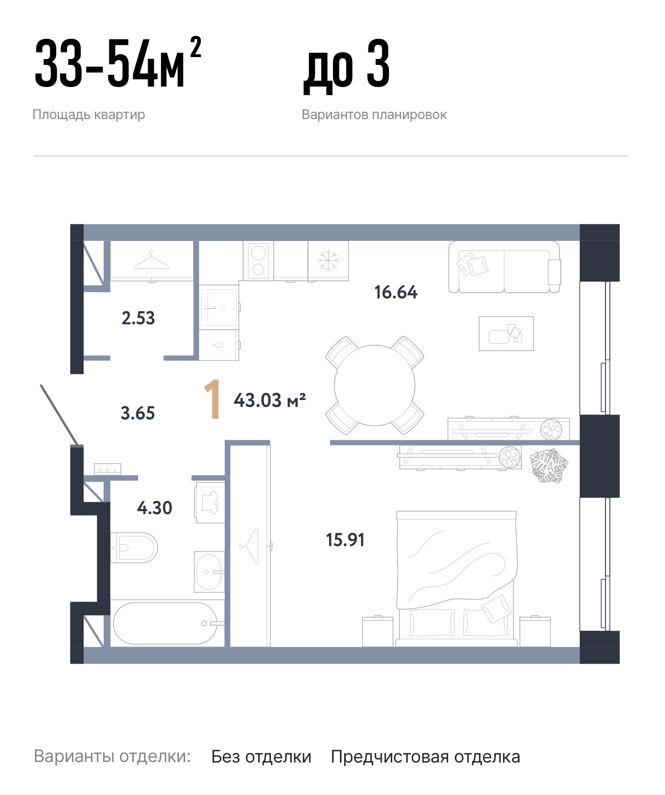 1-комнатные квартиры от 33 м²