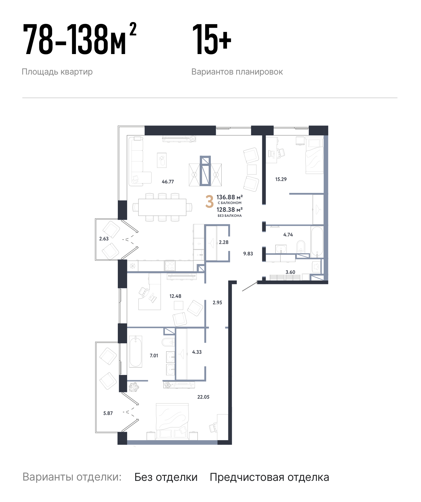 3-комнатные квартиры от 64 м²